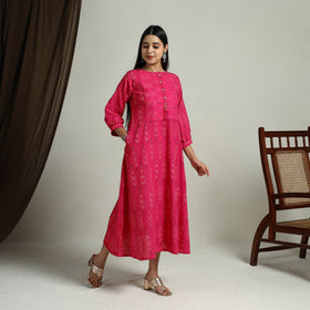 Buy Pink Flared Cotton Pochampally Ikat Dress