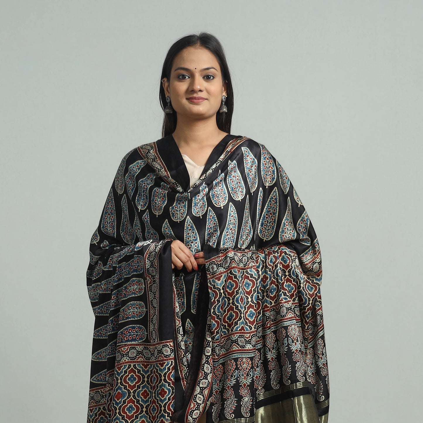 Black - Ajrakh Modal Silk Dupatta with Zari Border 79