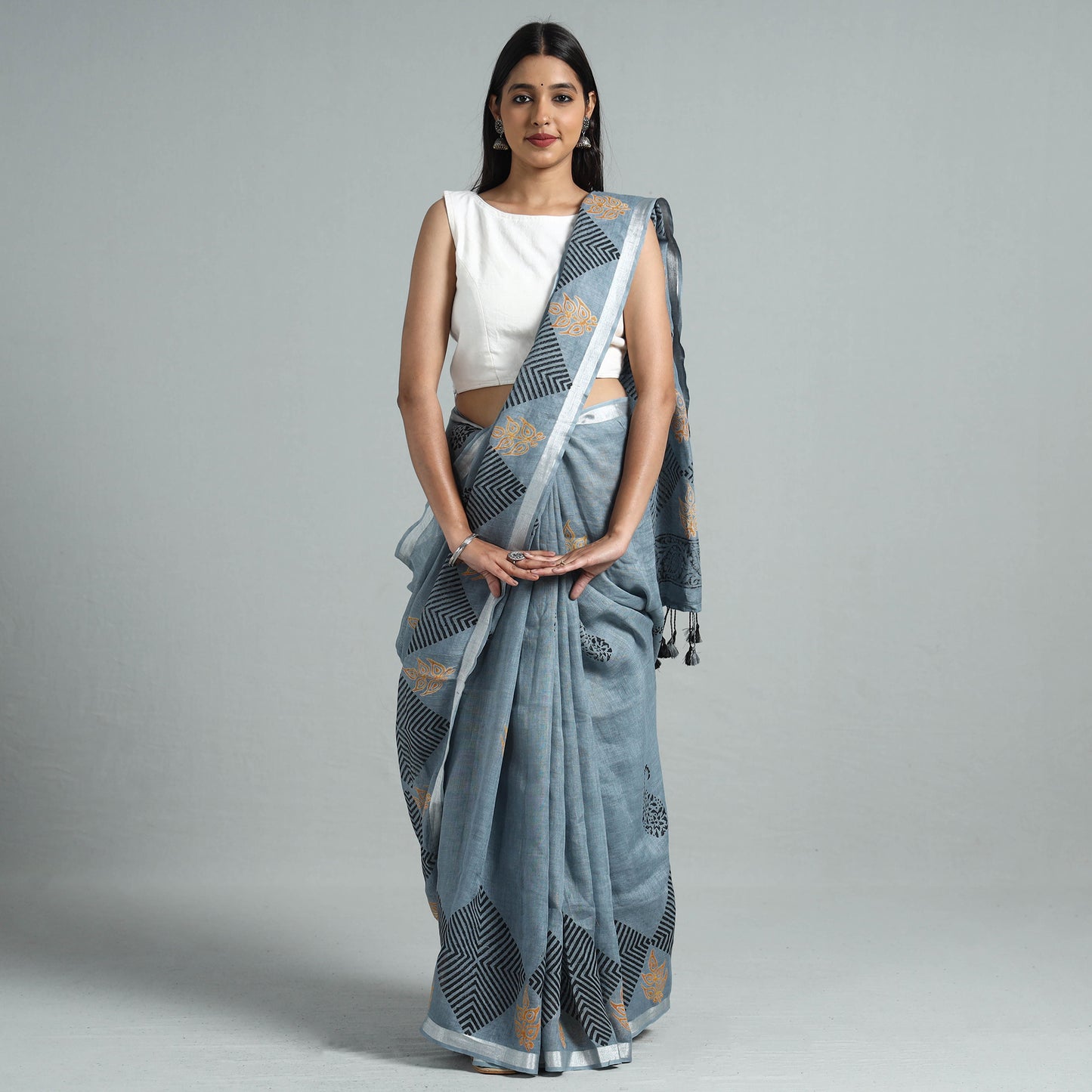 Grey - Sanganeri Block Printed Linen Handloom Saree