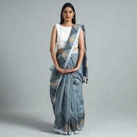 Grey - Sanganeri Block Printed Linen Handloom Saree