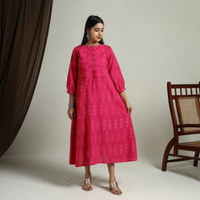 Buy Pink Flared Cotton Pochampally Ikat Dress