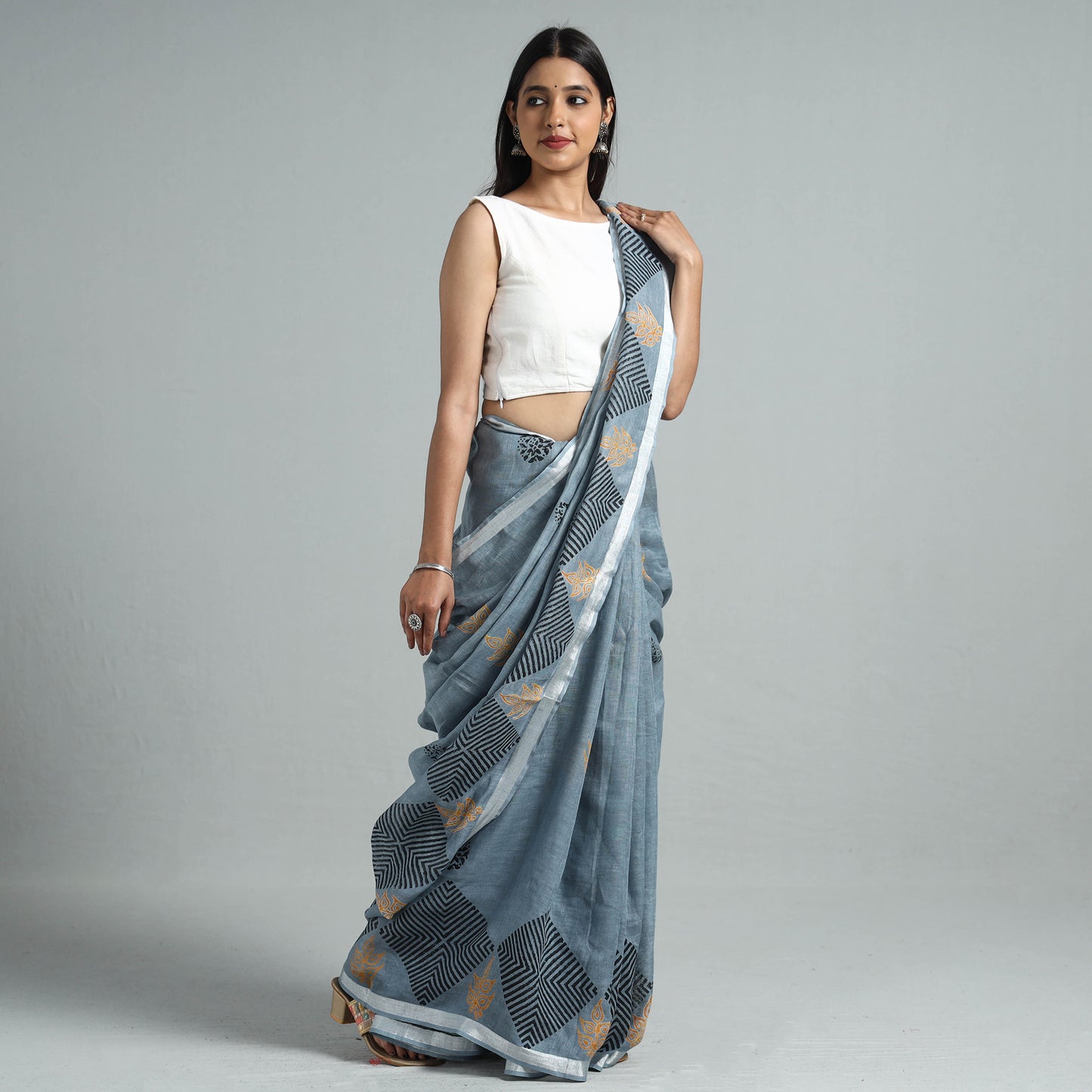 Grey - Sanganeri Block Printed Linen Handloom Saree