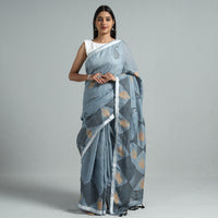 Grey - Sanganeri Block Printed Linen Handloom Saree