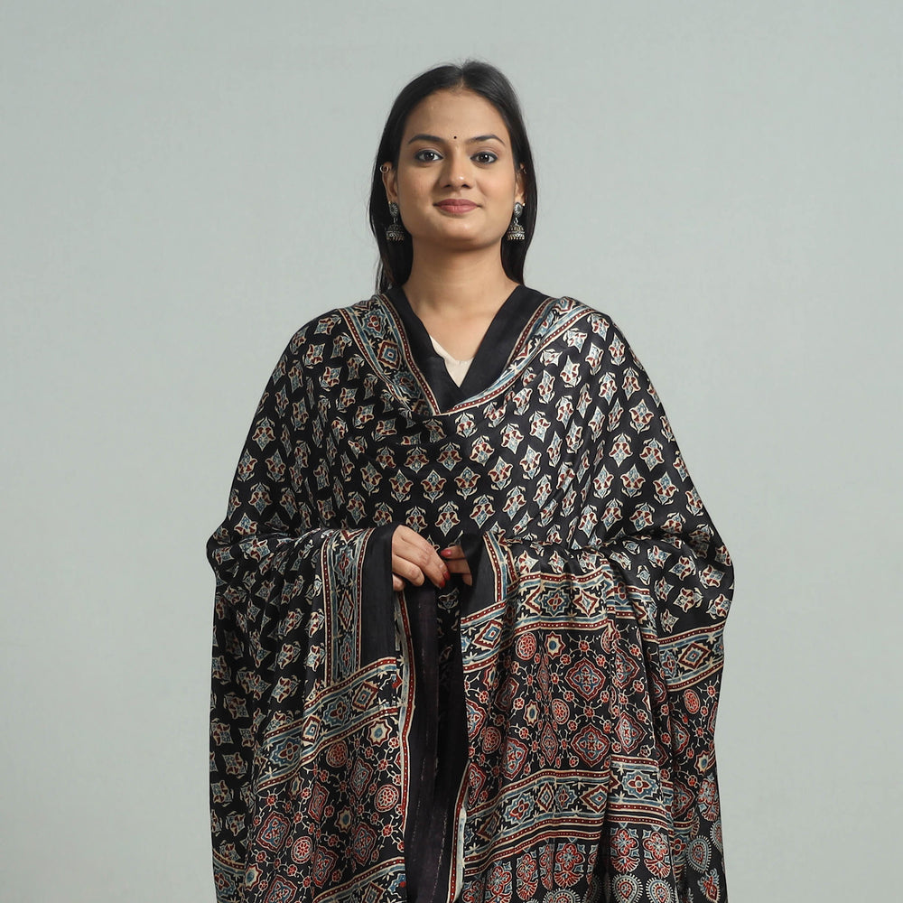 Black - Ajrakh Modal Silk Dupatta with Zari Border 80