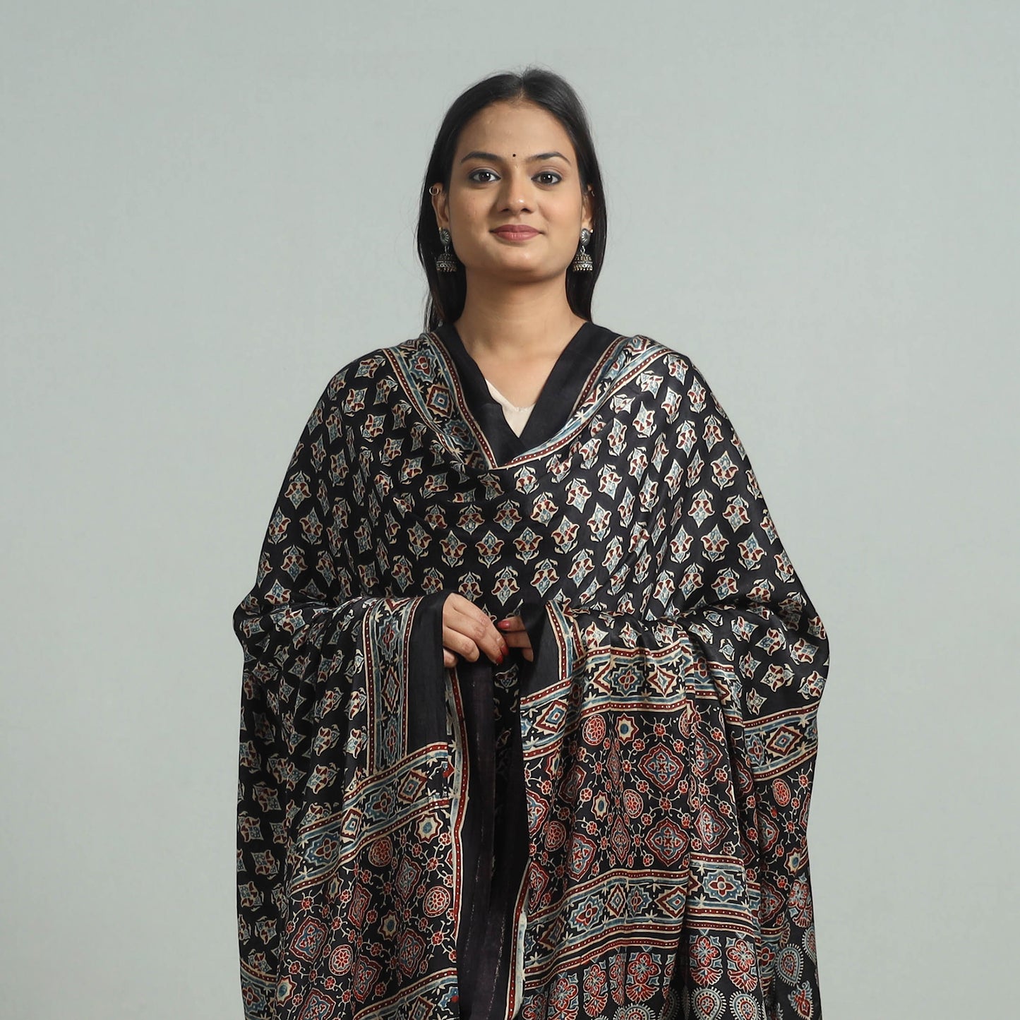 Black - Ajrakh Modal Silk Dupatta with Zari Border 80