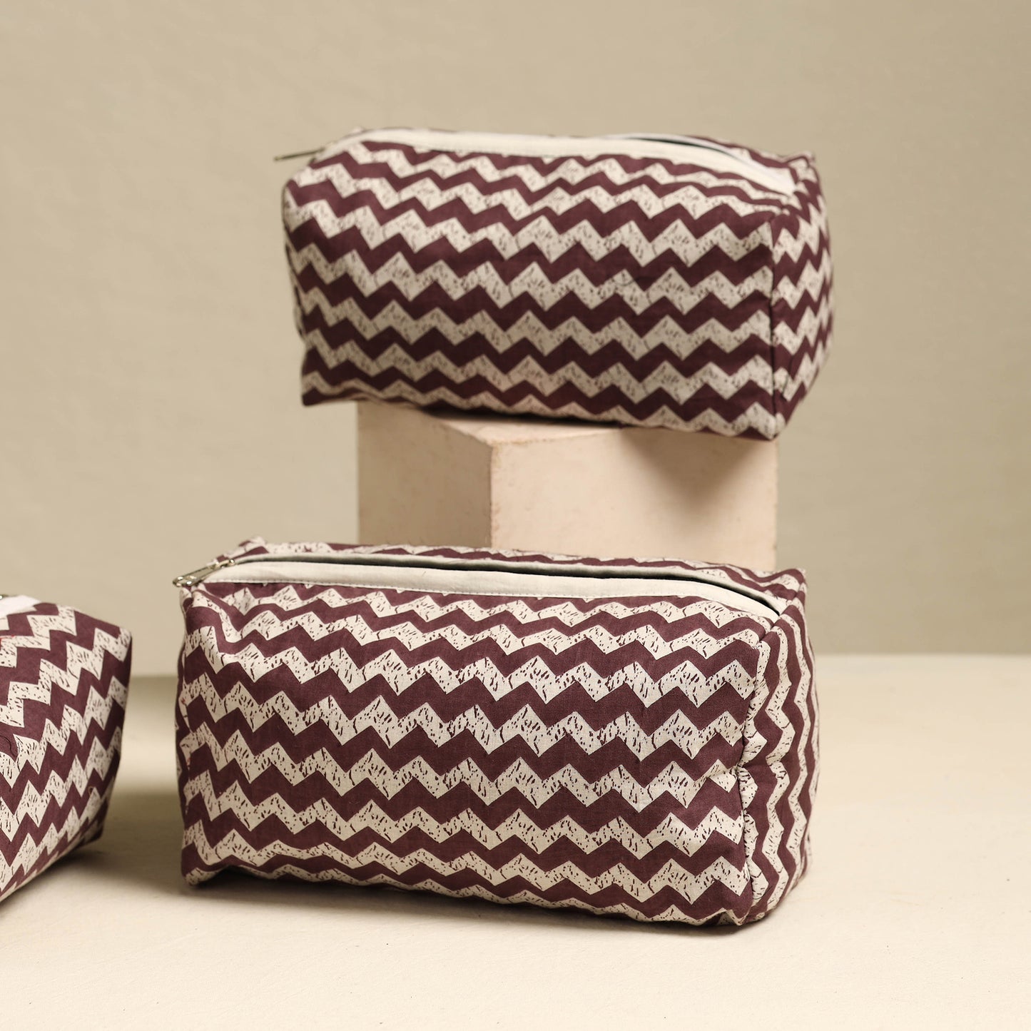 Brown - Handmade Cotton Toiletry Bags (Set of 3) 12