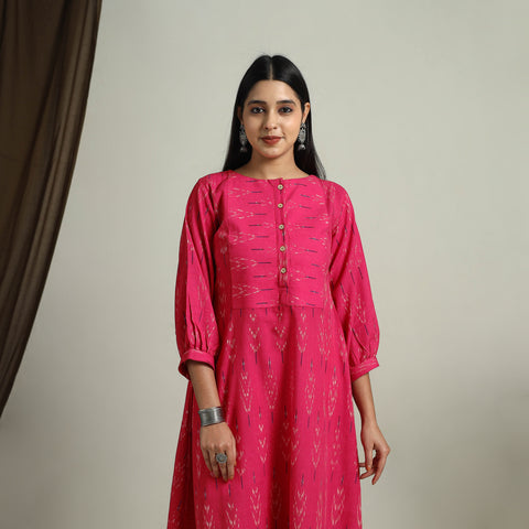Buy Pink Flared Cotton Pochampally Ikat Dress
