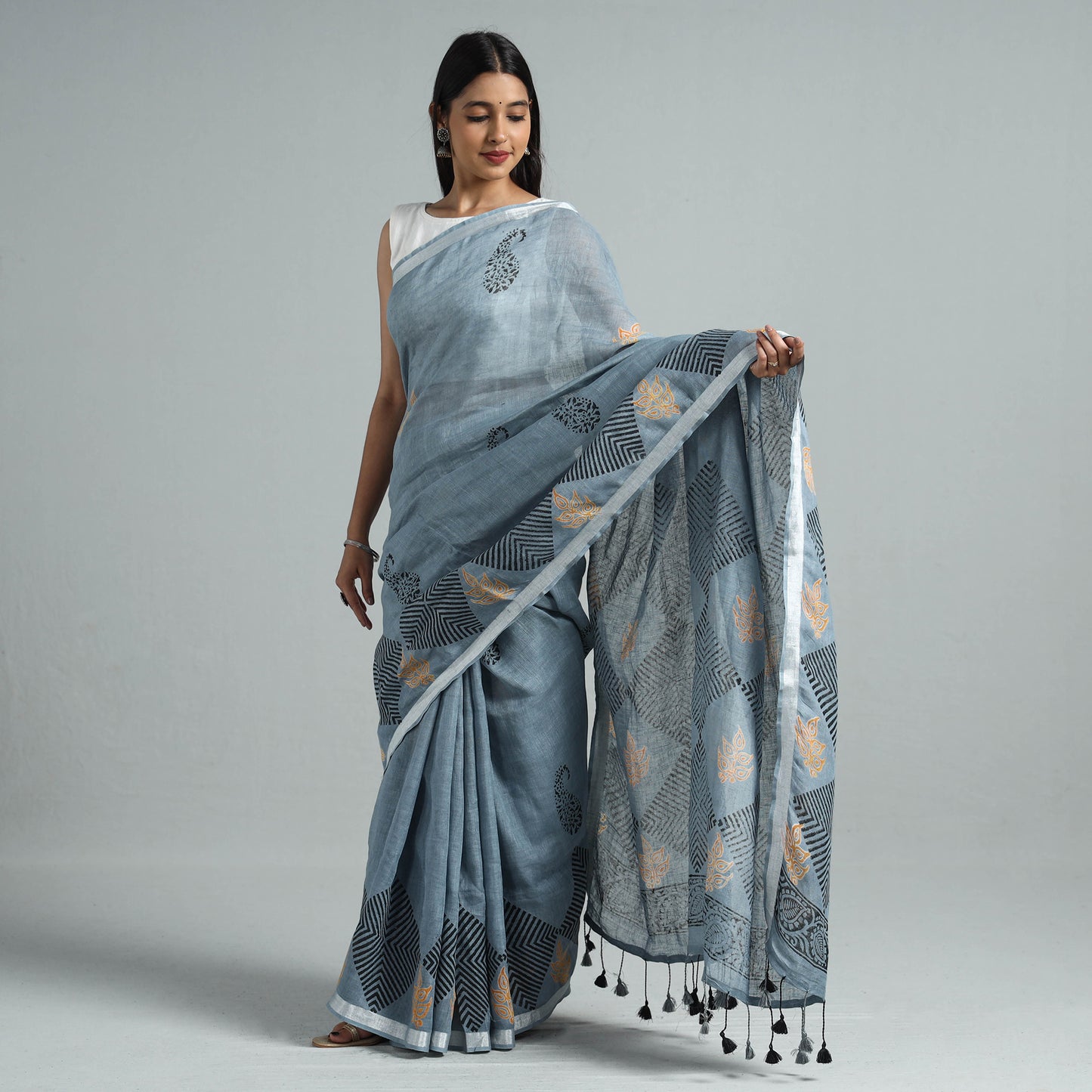 Grey - Sanganeri Block Printed Linen Handloom Saree