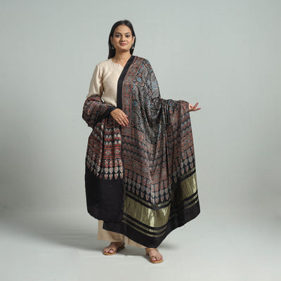 Black - Ajrakh Modal Silk Dupatta with Zari Border 81