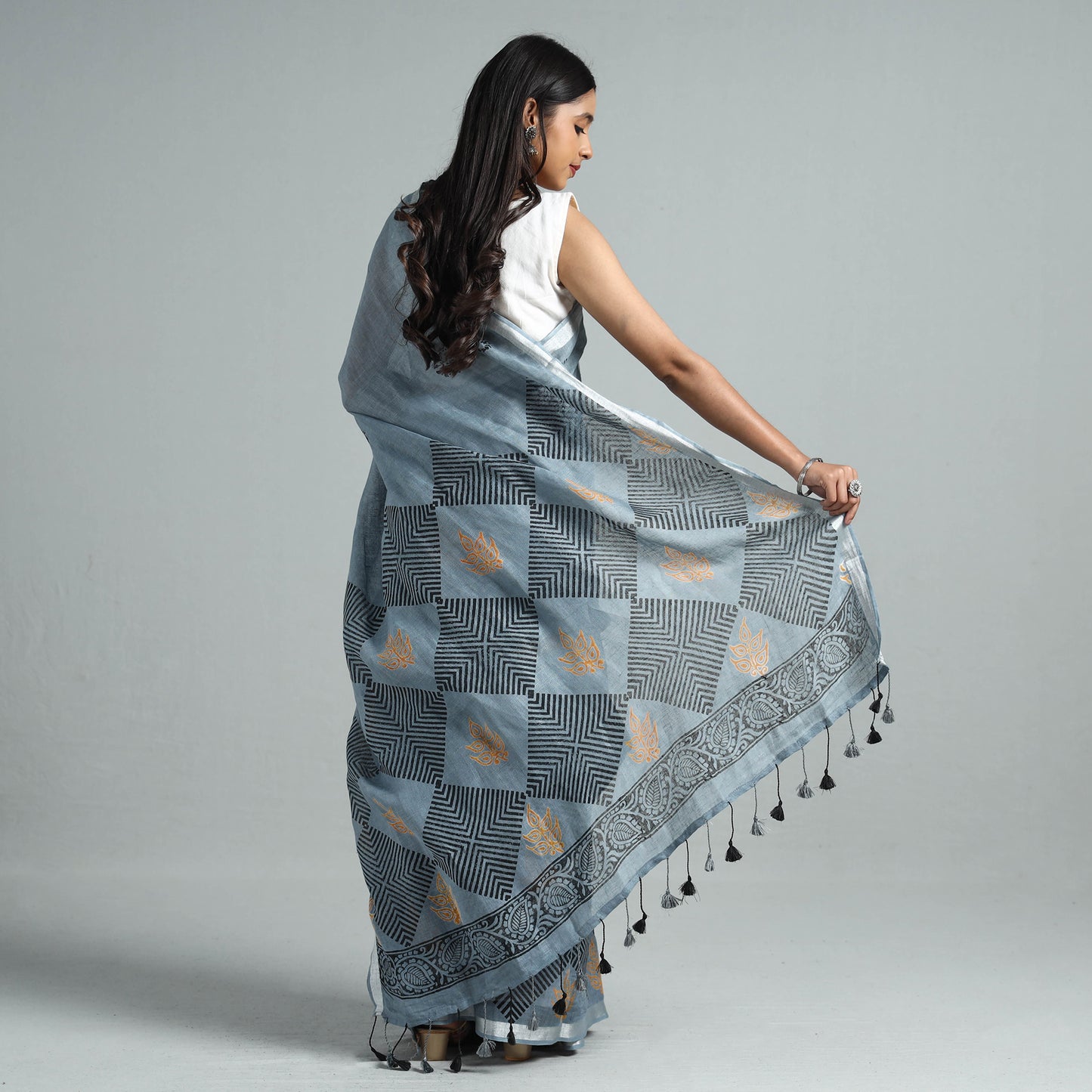 Grey - Sanganeri Block Printed Linen Handloom Saree