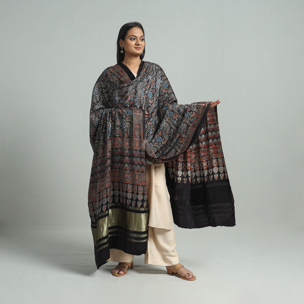 Black - Ajrakh Modal Silk Dupatta with Zari Border 81