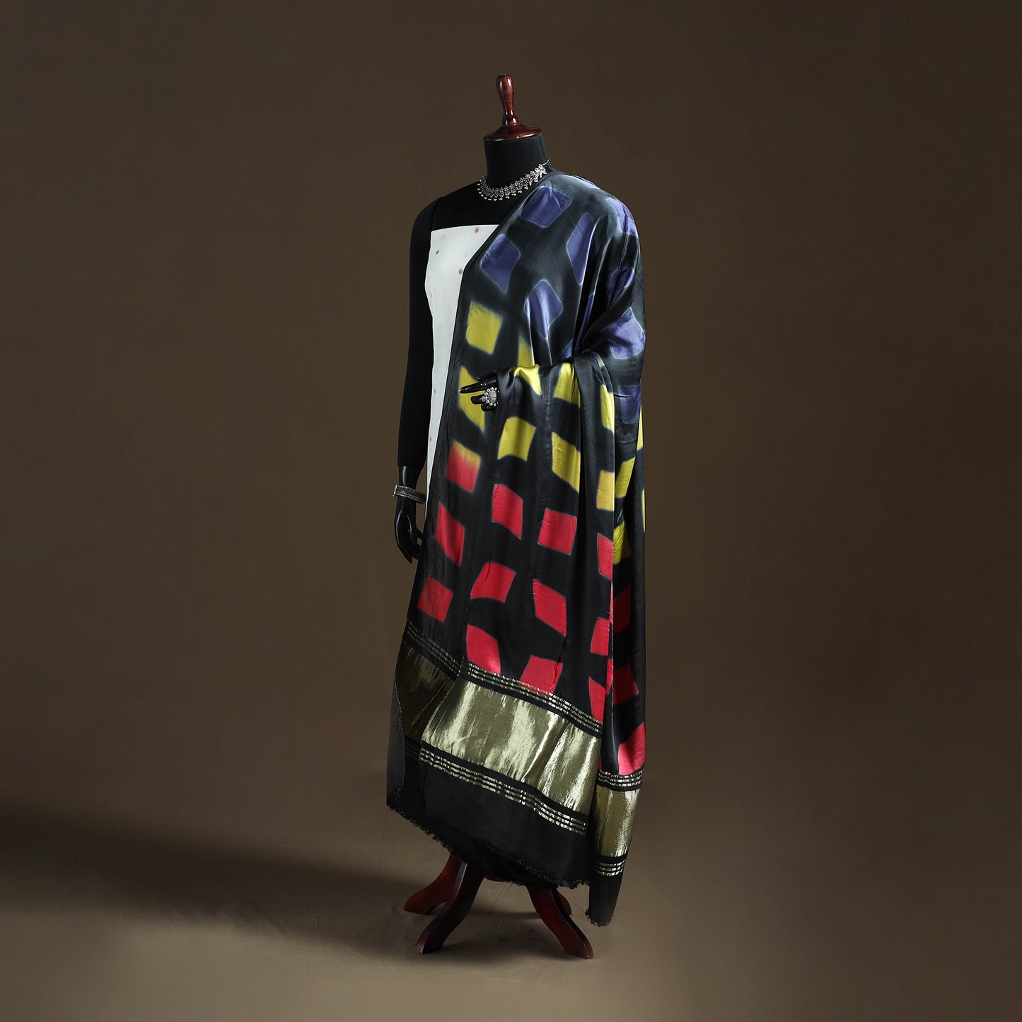 Multicolor - Shibori Clamp Dyed Modal Silk Dupatta with Zari Border 26