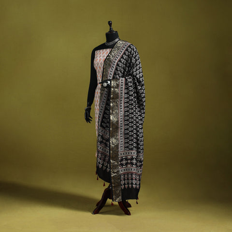 Hand Block Print Natural Dyed Dola Silk Zari Border Ajrakh Dupatta with Tassels 08