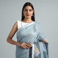 Grey - Sanganeri Block Printed Linen Handloom Saree