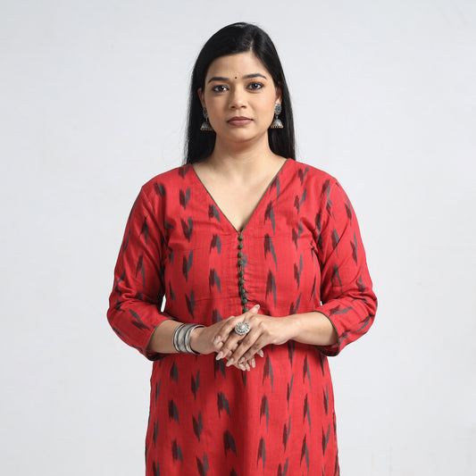 Red - Pochampally Ikat Weave Cotton Straight Kurta