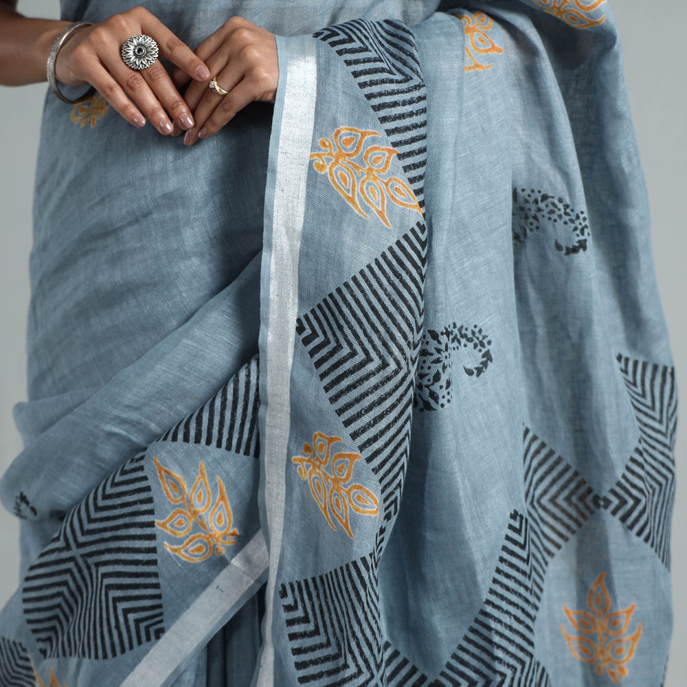 Grey - Sanganeri Block Printed Linen Handloom Saree