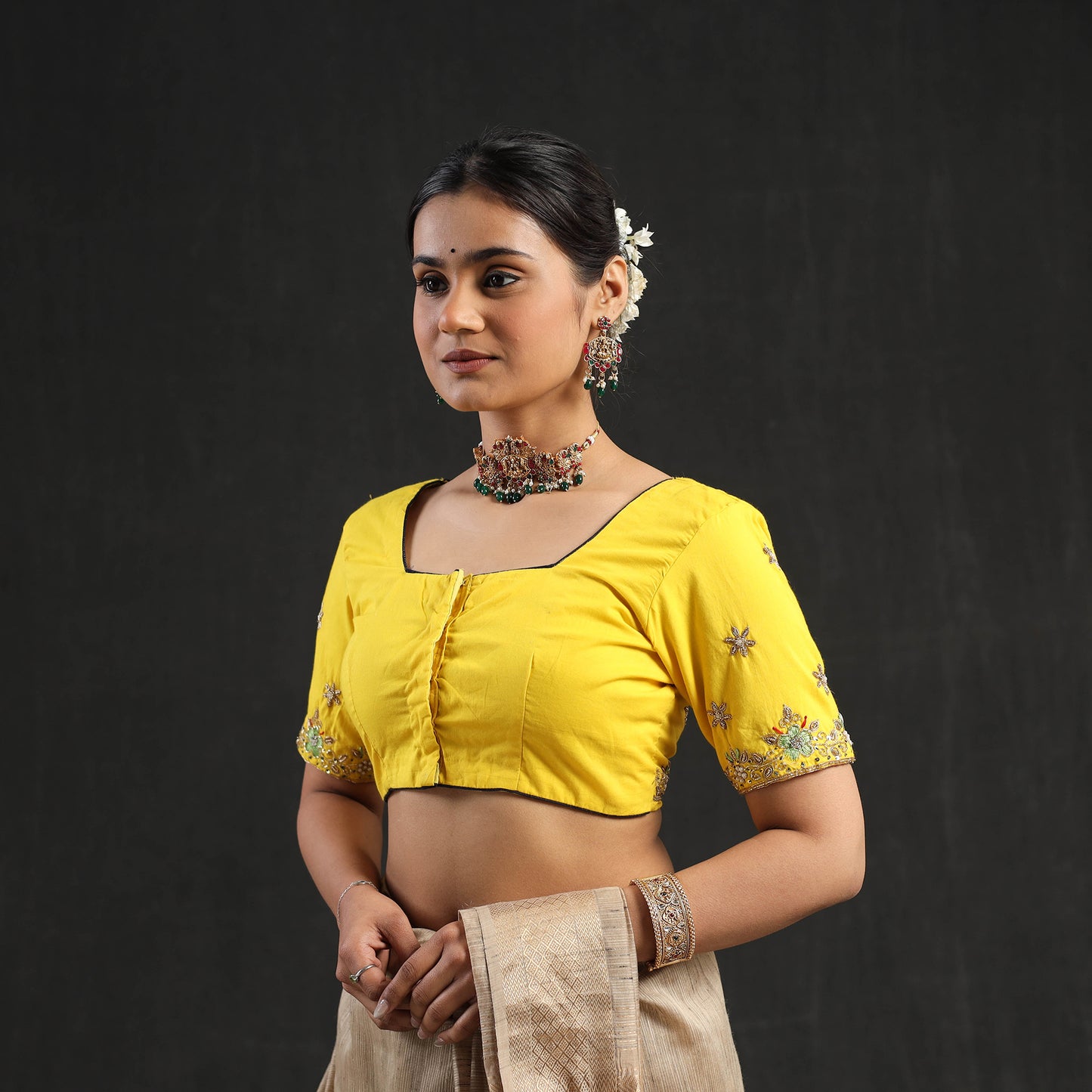 Buy Yellow Zardozi Hand Embroidery Cotton Blouse Online