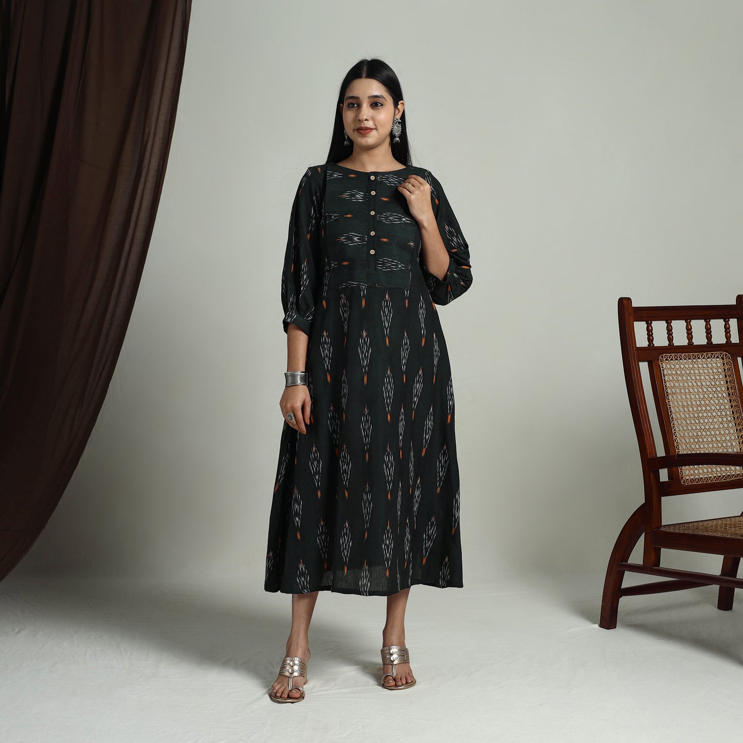 Buy Green Flared Cotton Pochampally Ikat Dress