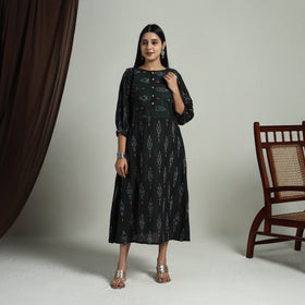 Buy Green Flared Cotton Pochampally Ikat Dress