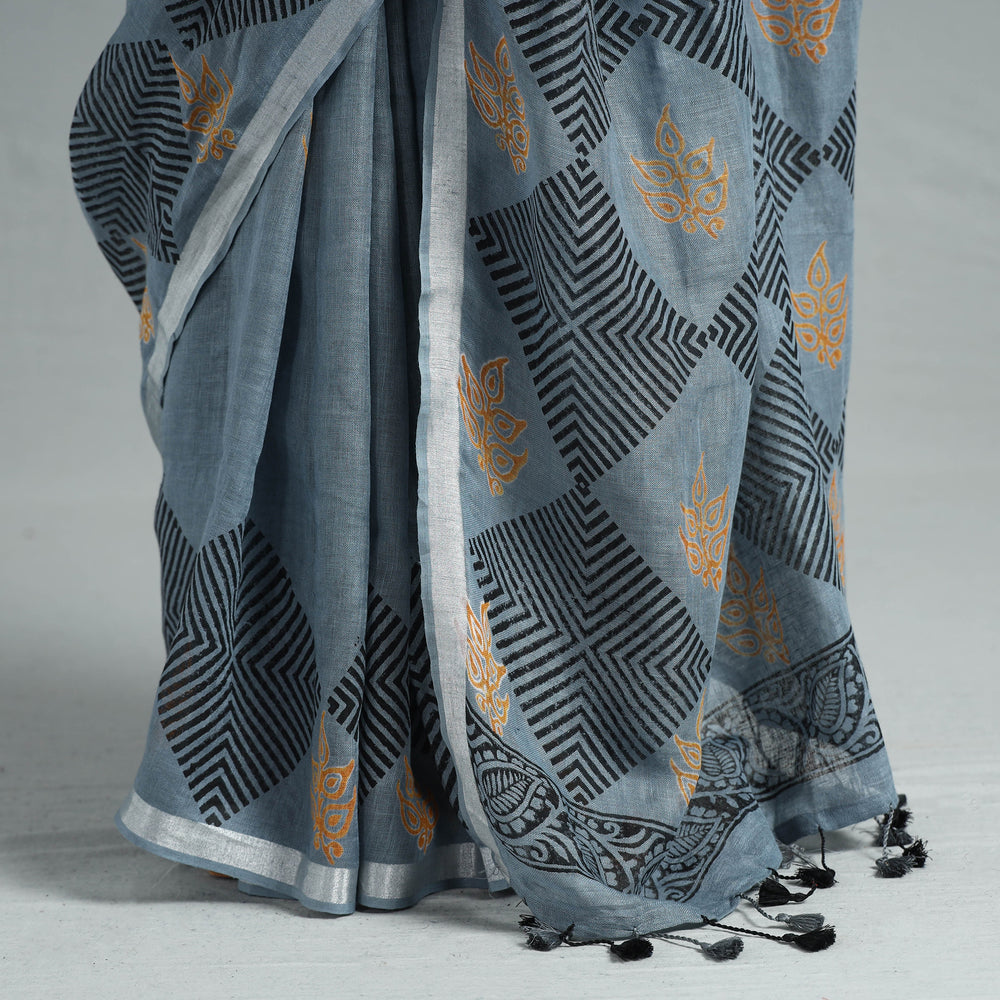 Grey - Sanganeri Block Printed Linen Handloom Saree