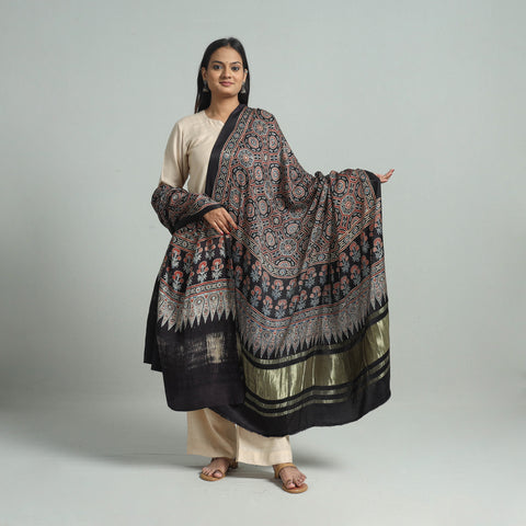 Black - Ajrakh Modal Silk Dupatta with Zari Border 83