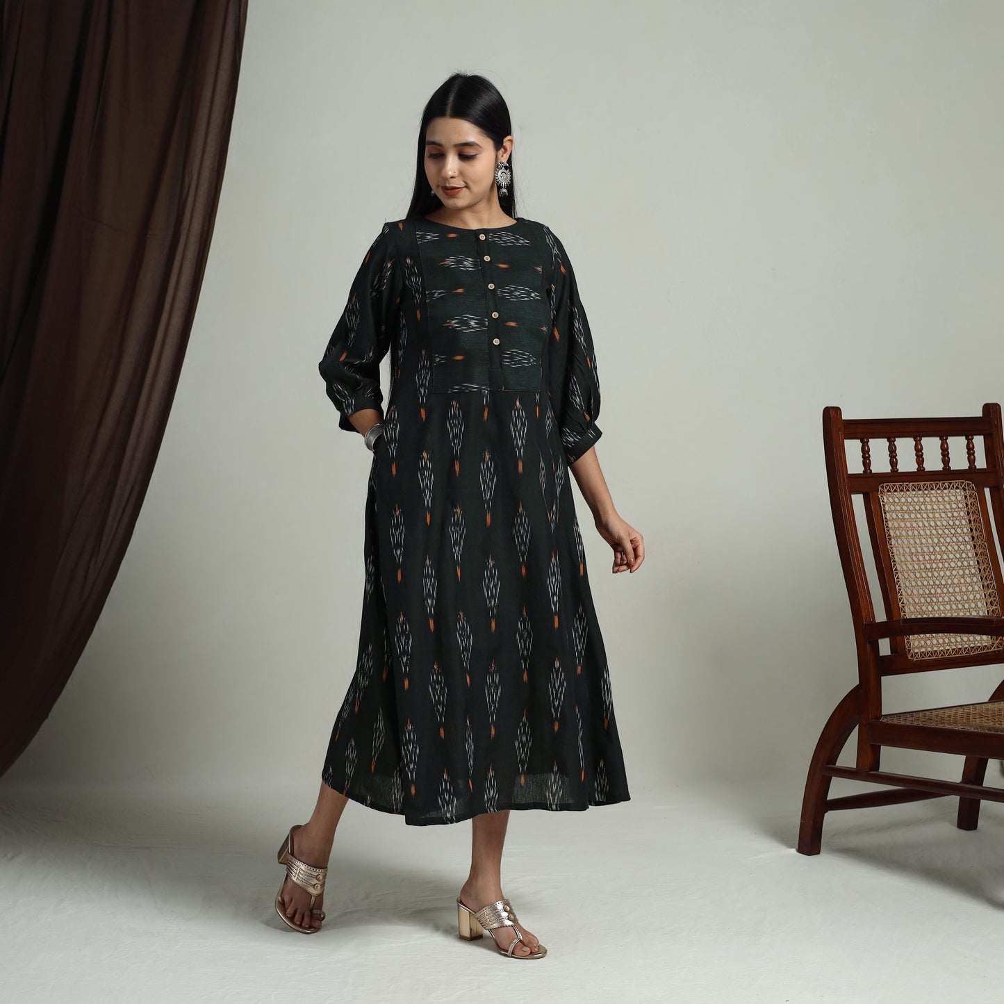 Buy Green Flared Cotton Pochampally Ikat Dress