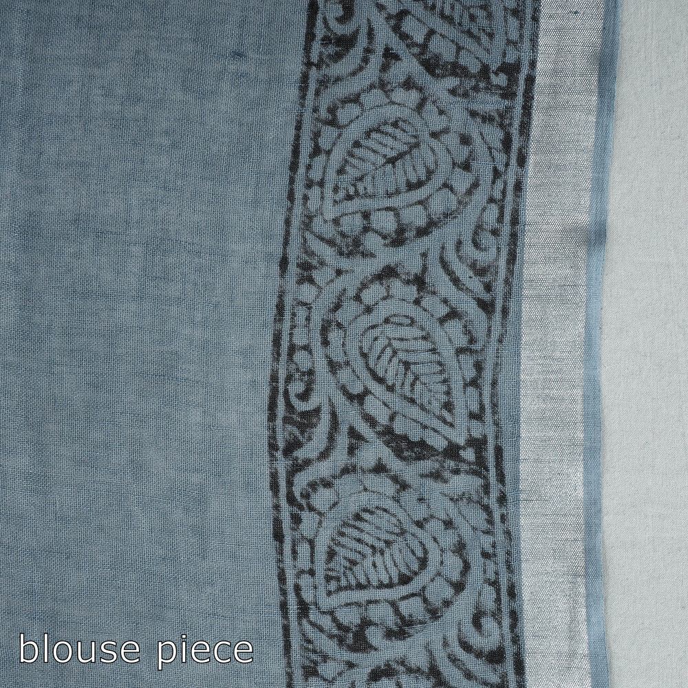 Grey - Sanganeri Block Printed Linen Handloom Saree