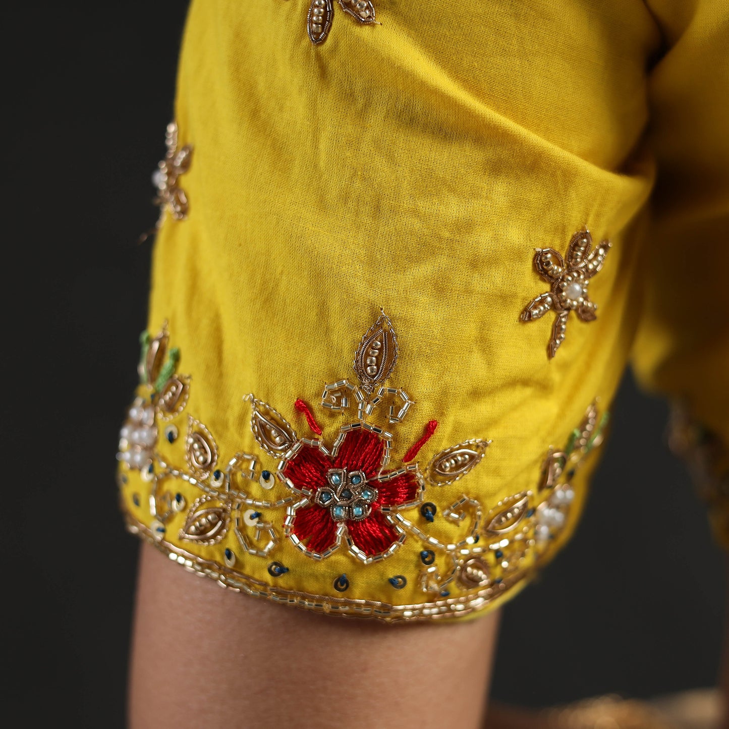 Buy Yellow Zardozi Hand Embroidery Cotton Blouse Online