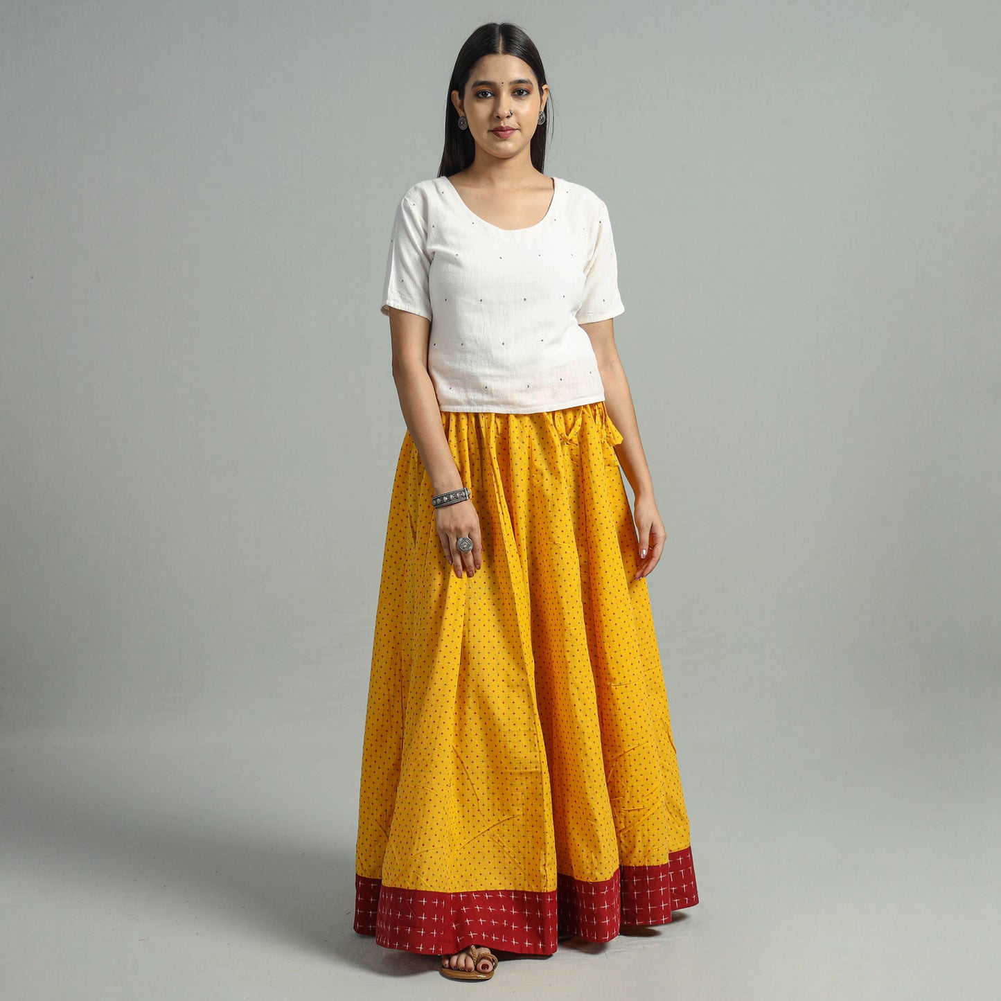 Yellow - Jacquard Patchwork 24 Kali Cotton Long Skirt 32