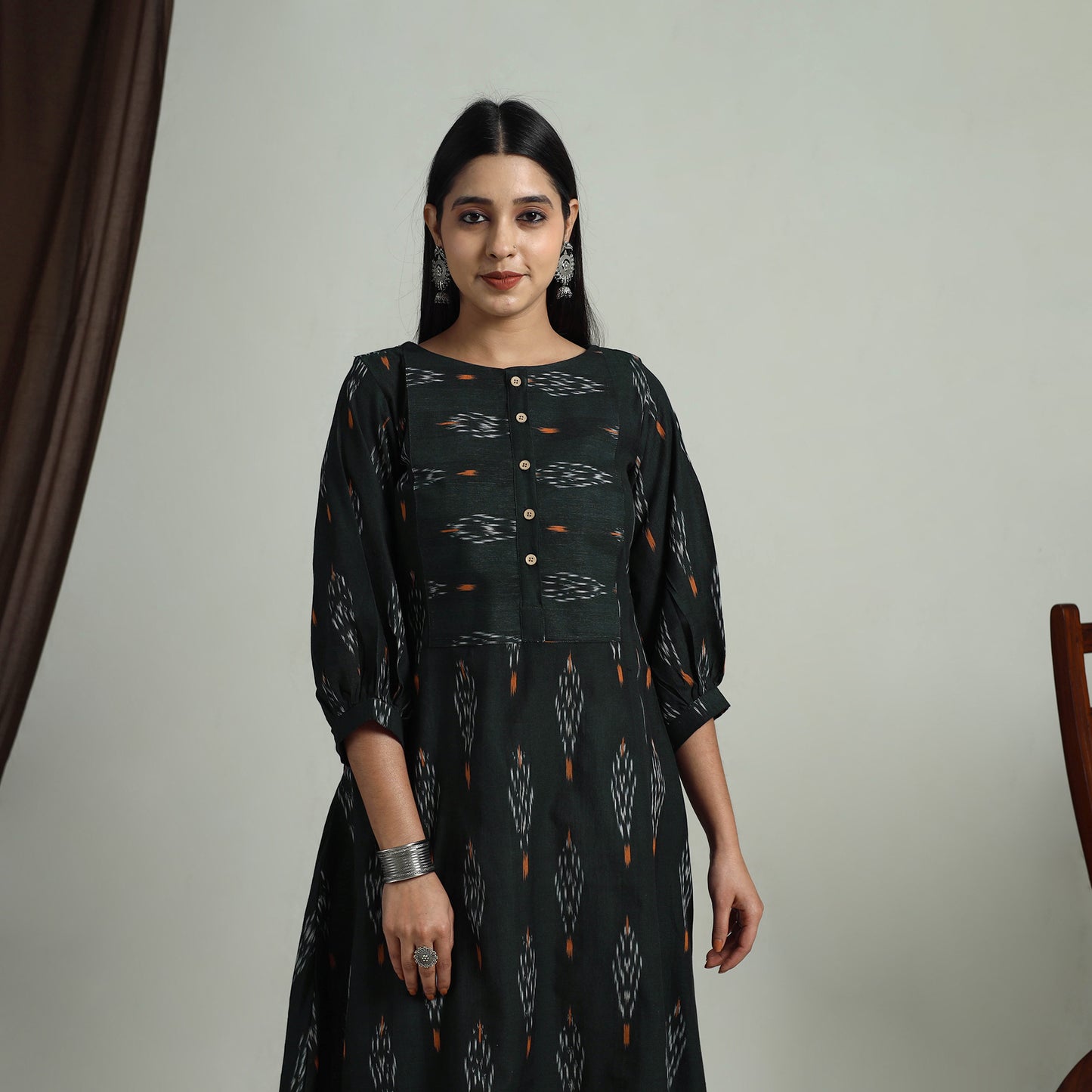 Buy Green Flared Cotton Pochampally Ikat Dress