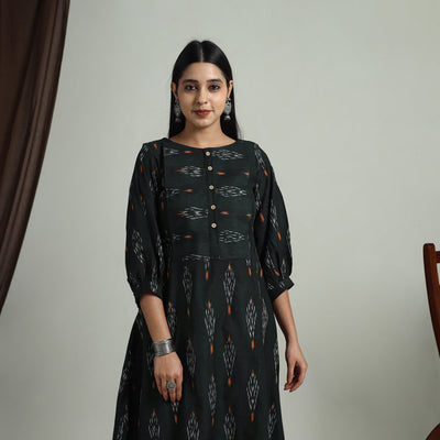 Buy Green Flared Cotton Pochampally Ikat Dress