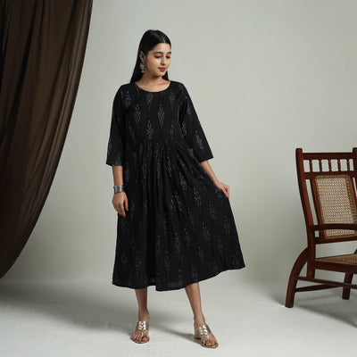 Buy Black Flared Cotton Pochampally Ikat Dress