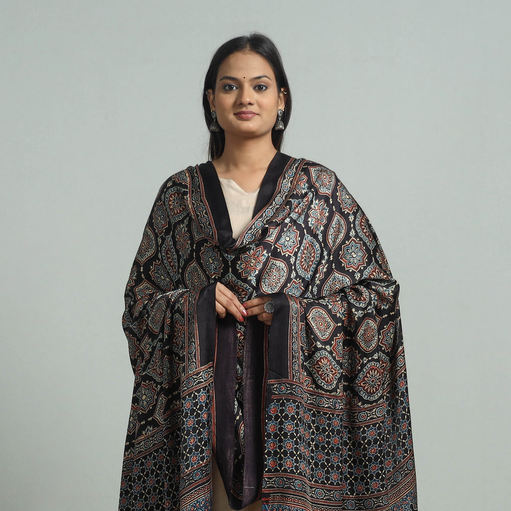 Black - Ajrakh Modal Silk Dupatta with Zari Border 85