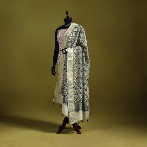 Hand Block Print Natural Dyed Dola Silk Zari Border Ajrakh Dupatta with Tassels 11