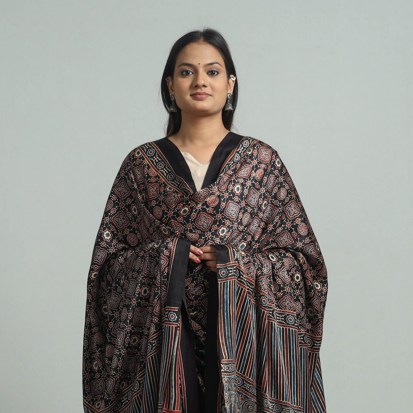 Black - Ajrakh Modal Silk Dupatta with Zari Border 86