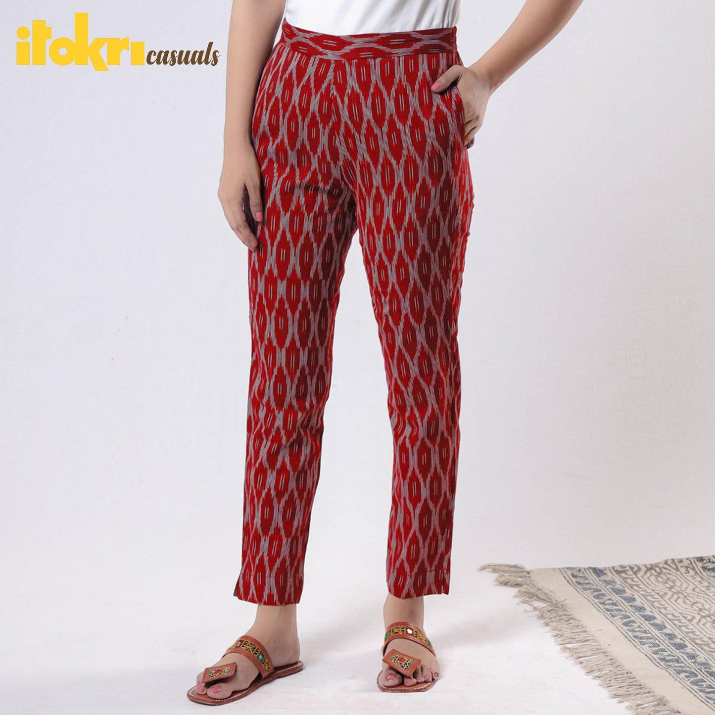 Brown - Pochampally Ikat Cotton Tapered Casual Pant for Women