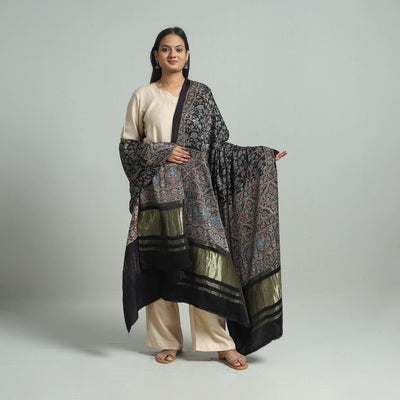 Black - Ajrakh Modal Silk Dupatta with Zari Border 87