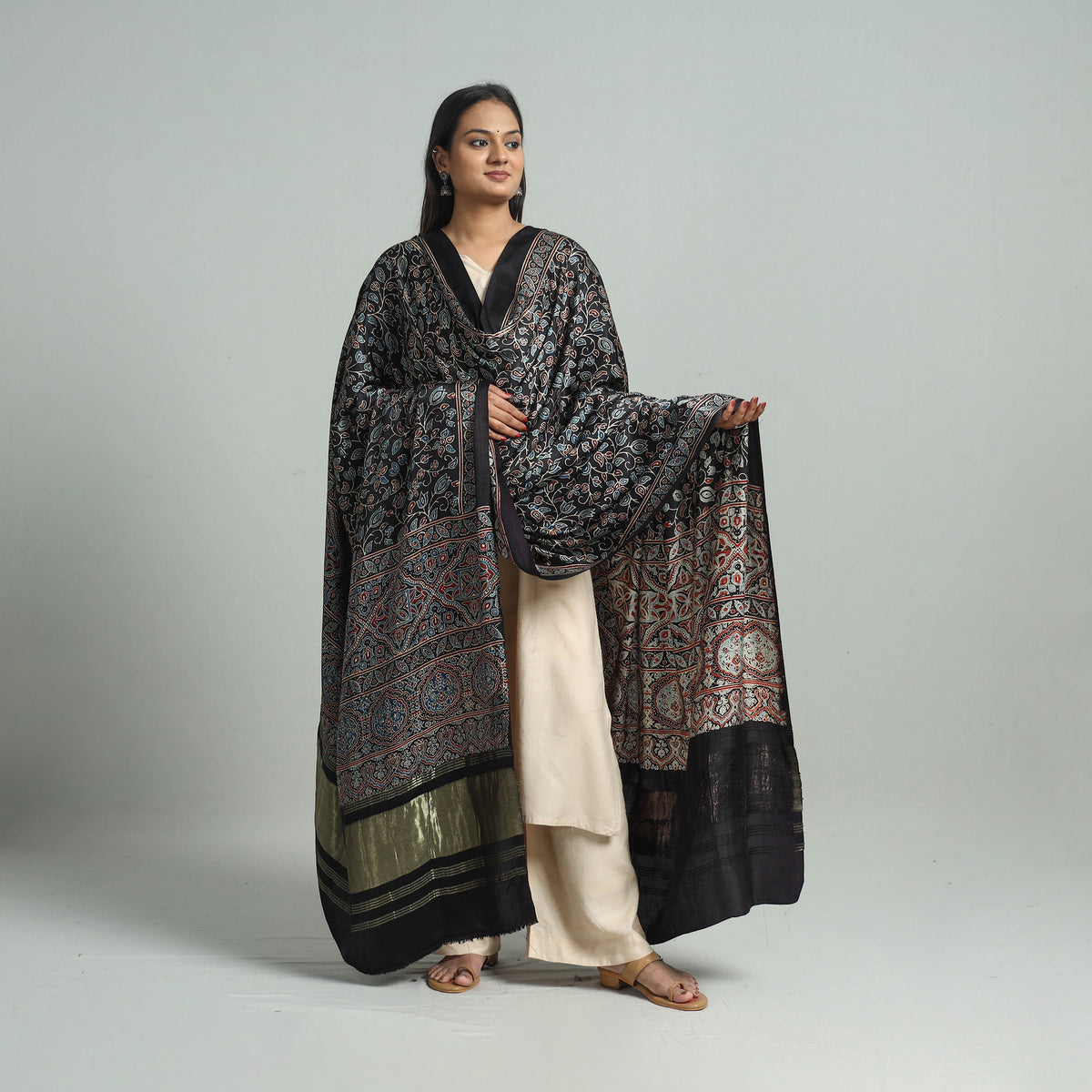 Black - Ajrakh Modal Silk Dupatta with Zari Border 87