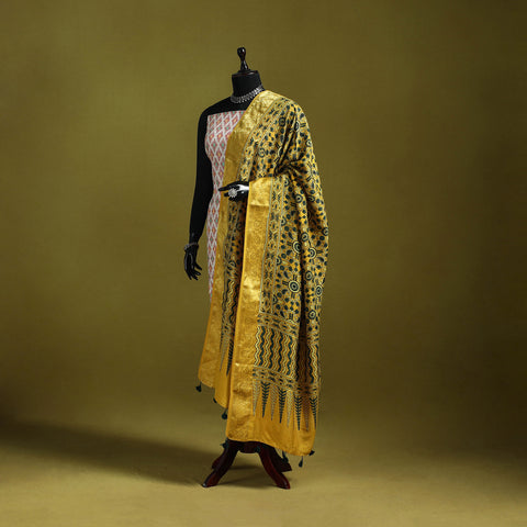 Hand Block Print Natural Dyed Dola Silk Zari Border Ajrakh Dupatta with Tassels 12