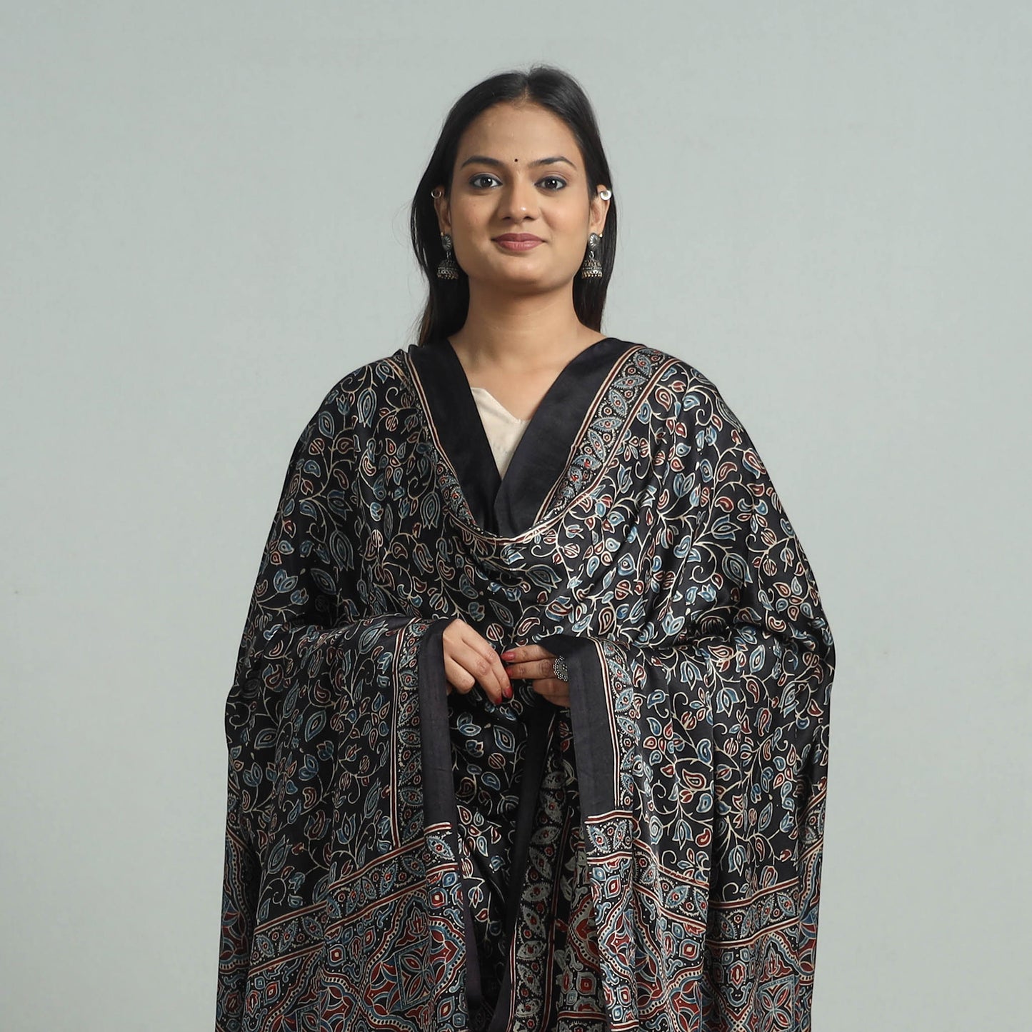 Black - Ajrakh Modal Silk Dupatta with Zari Border 87