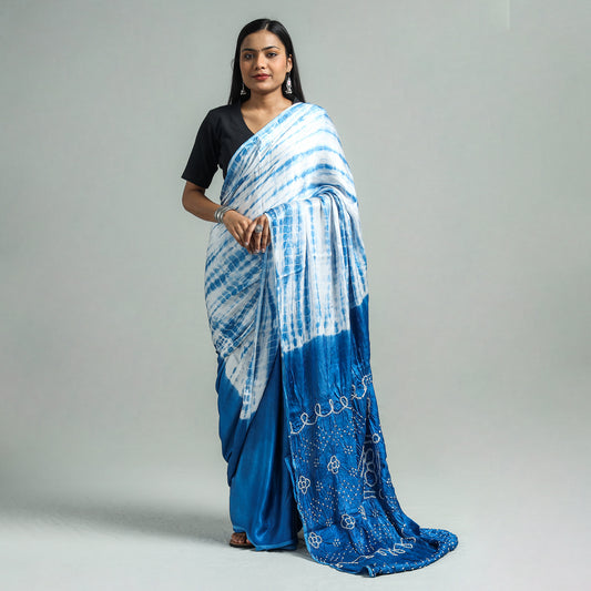 Blue - Kutch Bandhani & Shibori Tie-Dye Modal Silk Saree with Blouse