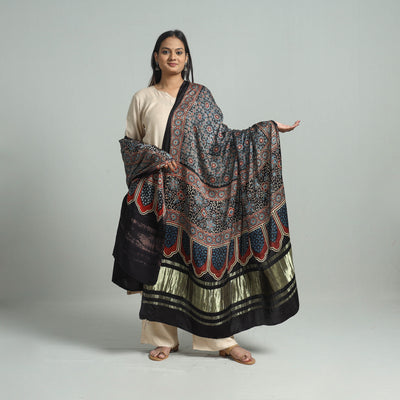 Black - Ajrakh Modal Silk Dupatta with Zari Border 88