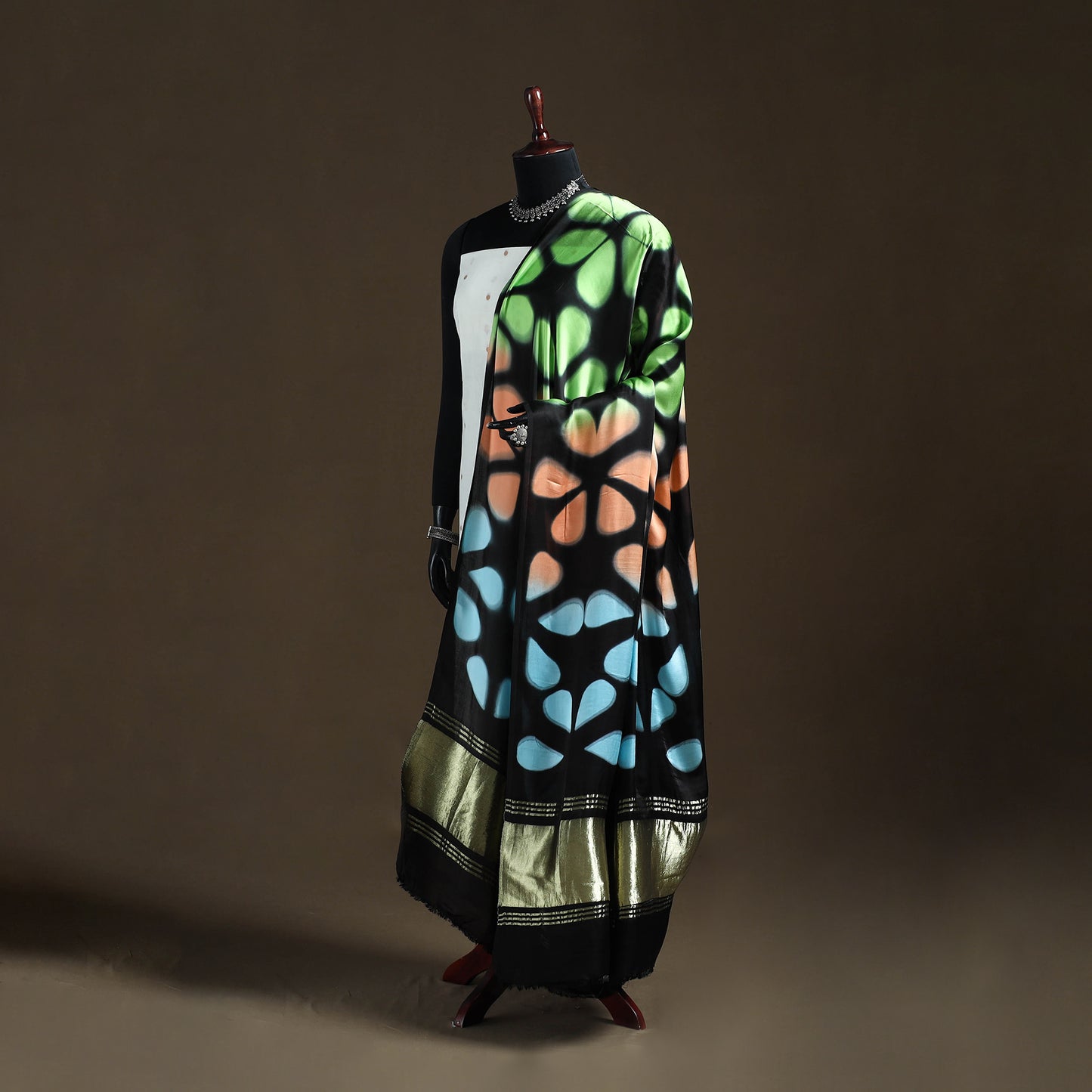 Multicolor - Shibori Clamp Dyed Modal Silk Dupatta with Zari Border 35