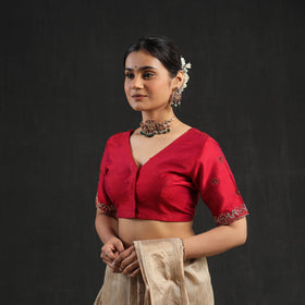 Buy Red Zardozi Hand Embroidery Slub Silk Plain Blouse