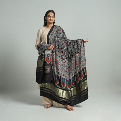 Black - Ajrakh Modal Silk Dupatta with Zari Border 90