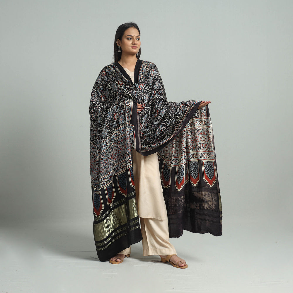 Black - Ajrakh Modal Silk Dupatta with Zari Border 90