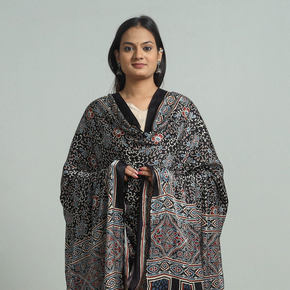 Black - Ajrakh Modal Silk Dupatta with Zari Border 90