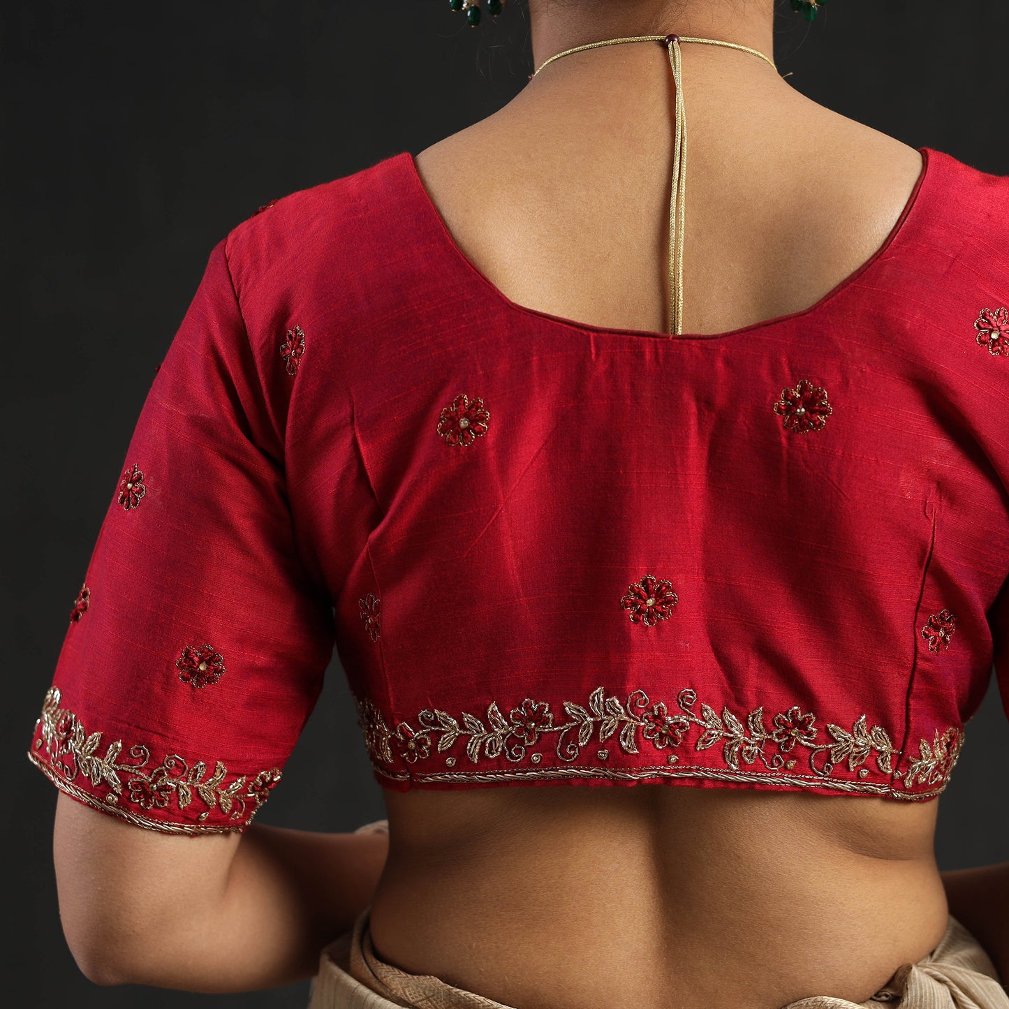 Red - Zardozi Hand Embroidery Slub Silk Plain Blouse 05