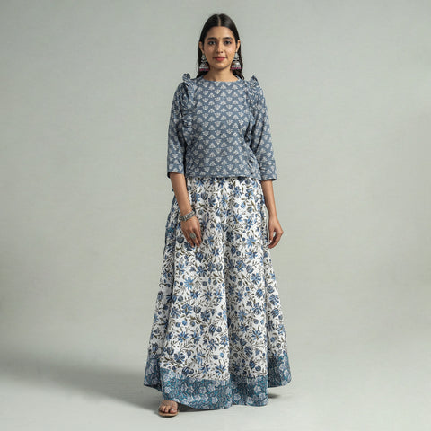 White Sanganeri Block Printed Cotton Long Skirt