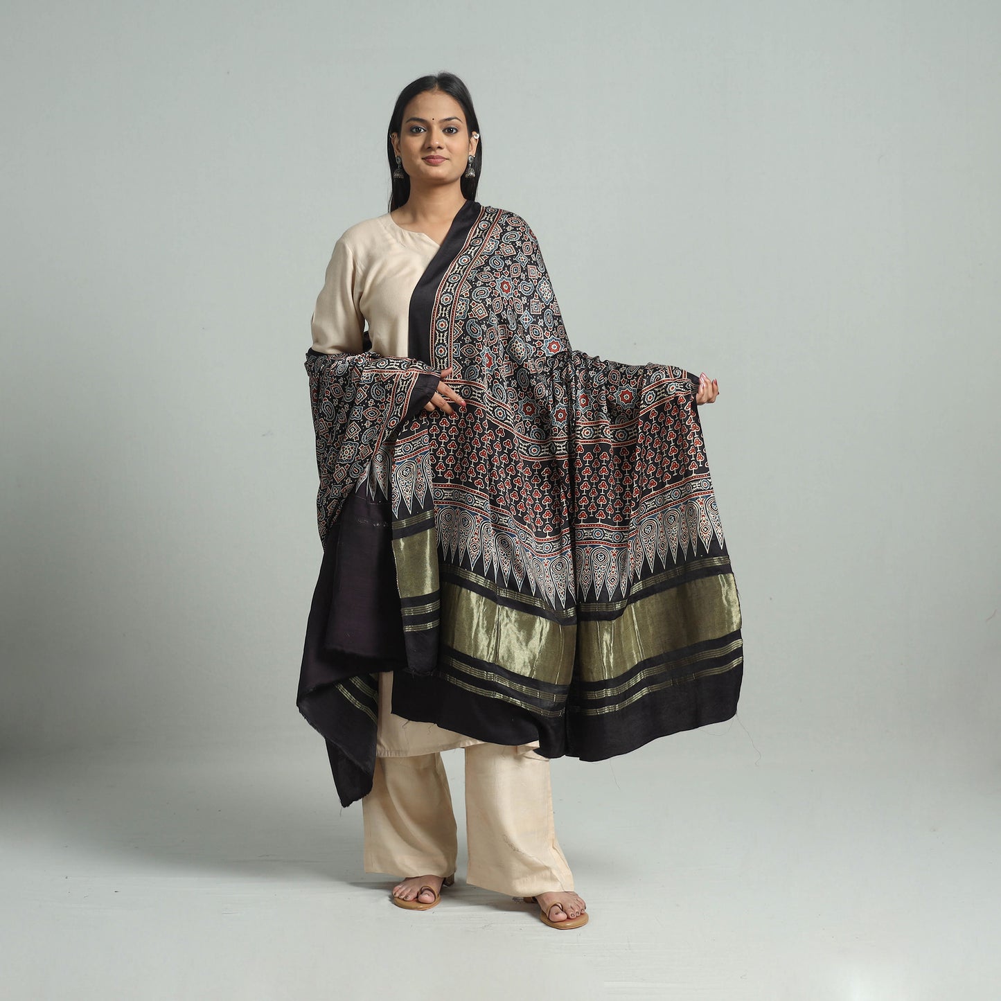 Black - Ajrakh Modal Silk Dupatta with Zari Border 92